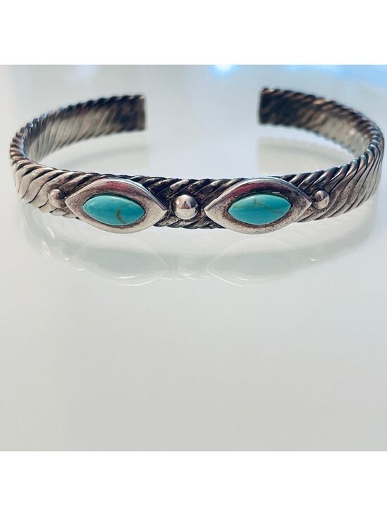 Jewelry - Vintage Mexico Turquoise Cable Design Cuff Bracelet in 925 Sterling Silv…
